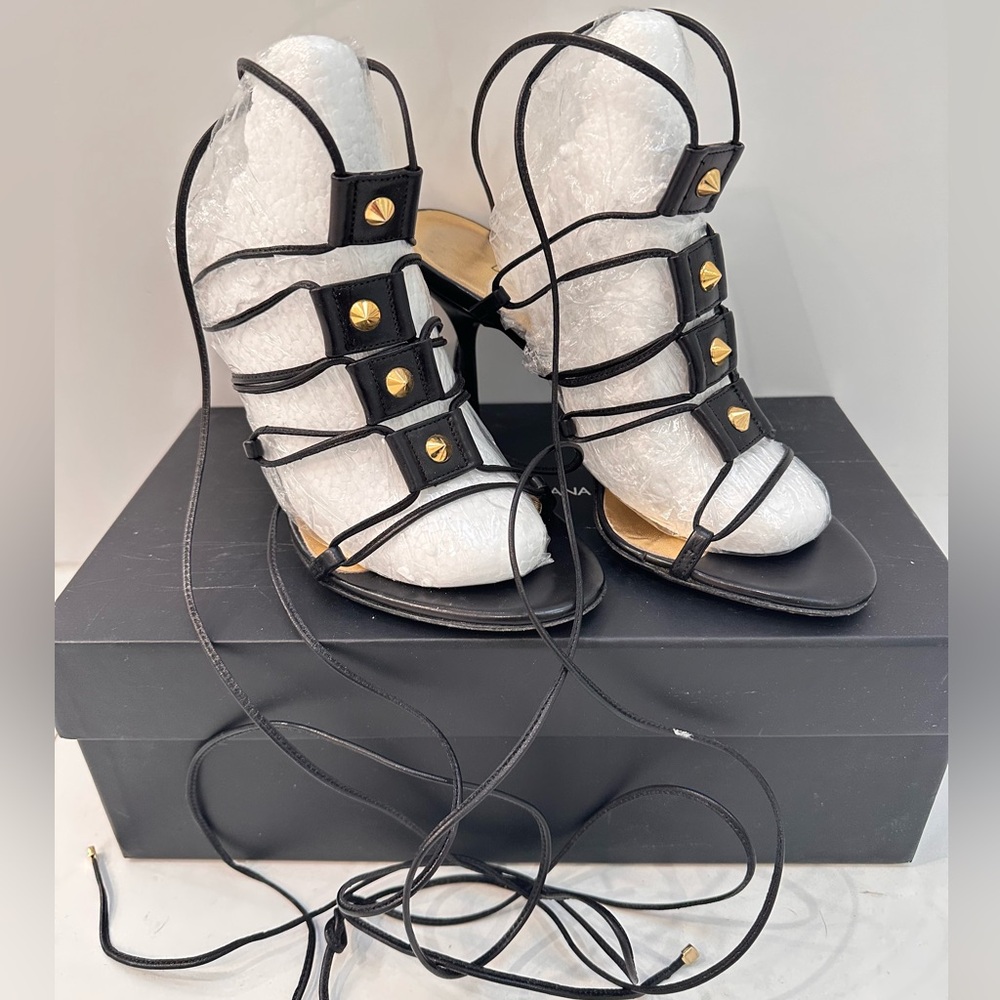 AUTHENTIC DOLCE&GABBANA Black Gladiator Sandals with Gold Accents